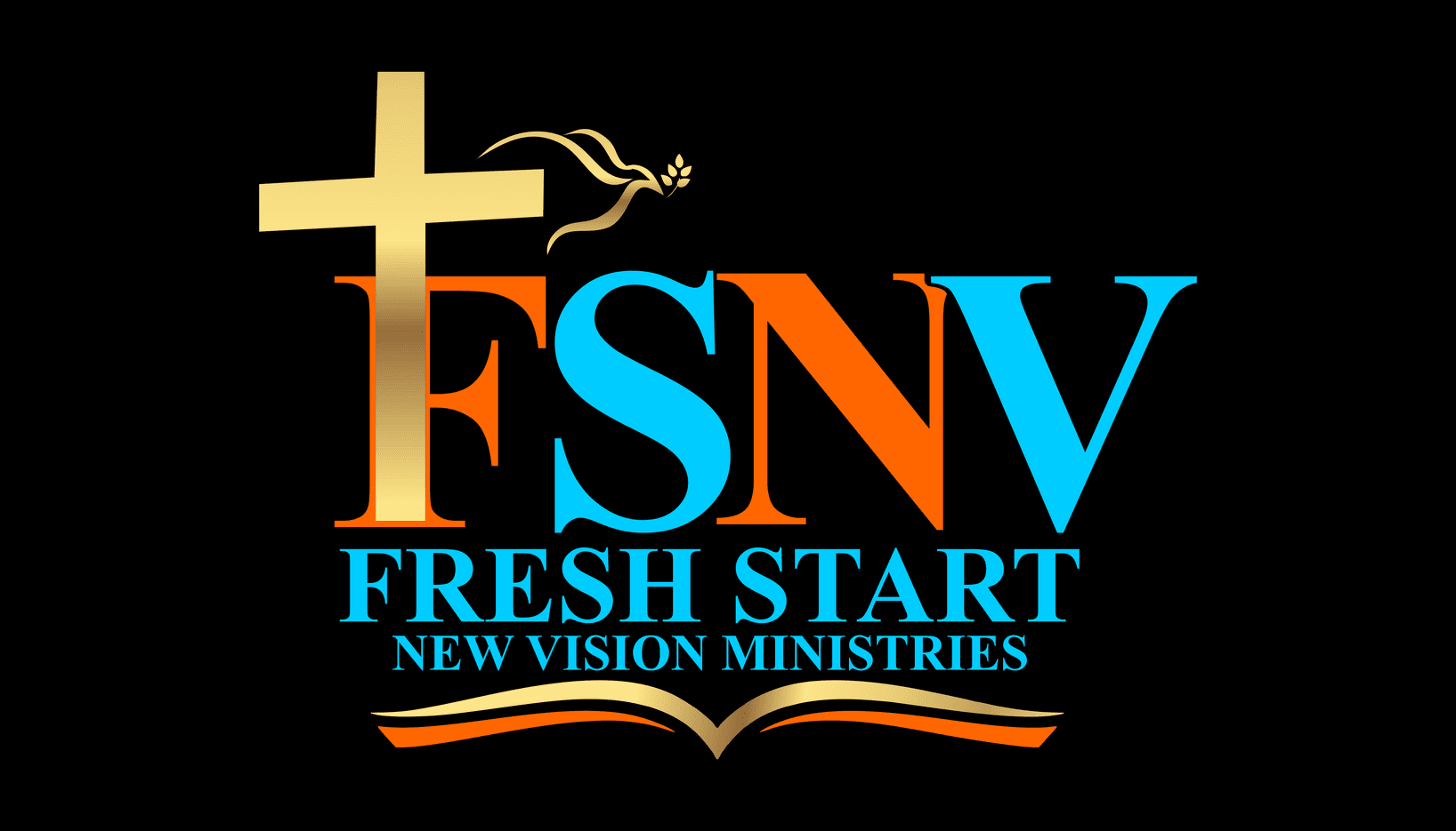 A black background with the words fresh start new vision ministries written in blue and orange.